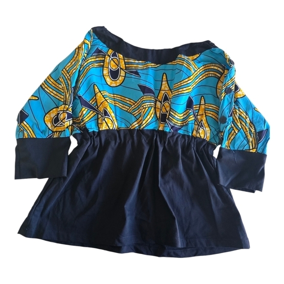 African Print Blouse Women L Blue Green 3/4 Sleeves Shoulder Buttons Flowy Artsy - Picture 1 of 8